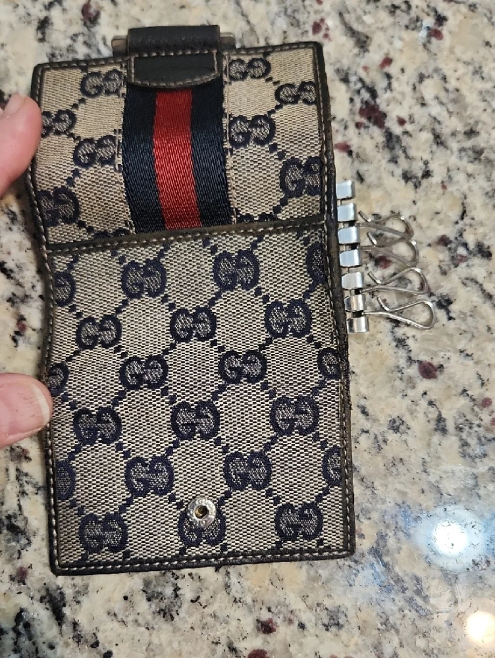 Gucci Beige GG Sherry Canvas Key Holder Wallet with Navy Blue and Red Stripe